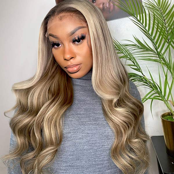 Blonde Highlights Wig Body Wave Transparent 13x4 Lace Frontal Blonde Balayage on Brown Hair