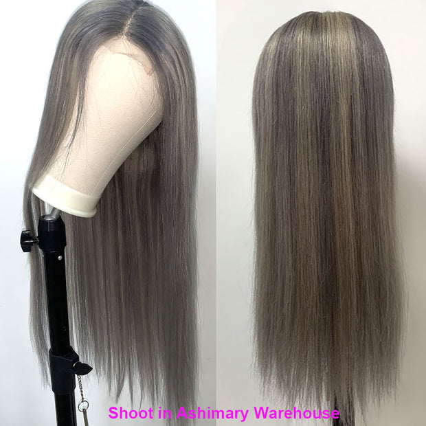 Blonde Highlight with Grey NewIn Piano Color Glueless 4*4 13*4 13*6 Closure Straight Wig 180% Brazilian Human Hair Luxurious Customization
