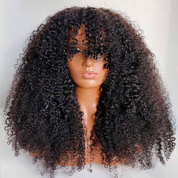 Kinky Curly Wig with Bangs Cost-effective To-Go Wig 10A Human Hair