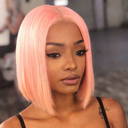 BOGO Light Pink Colored Short Bob Transparent Lace Front Human Hair Wig