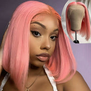 BOGO Light Pink Colored Short Bob Transparent Lace Front Human Hair Wig