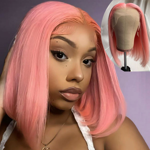 BOGO Light Pink Colored Short Bob Transparent Lace Front Human Hair Wig