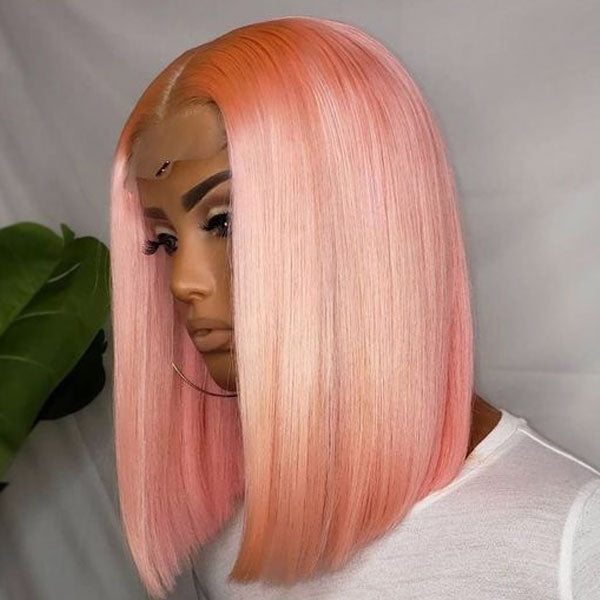 BOGO Light Pink Colored Short Bob Transparent Lace Front Human Hair Wig