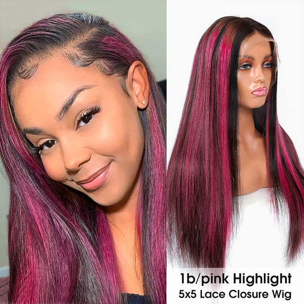 Pink Highlight 99J Highlight Piano Color Straight Wig Highlights on Black Hair