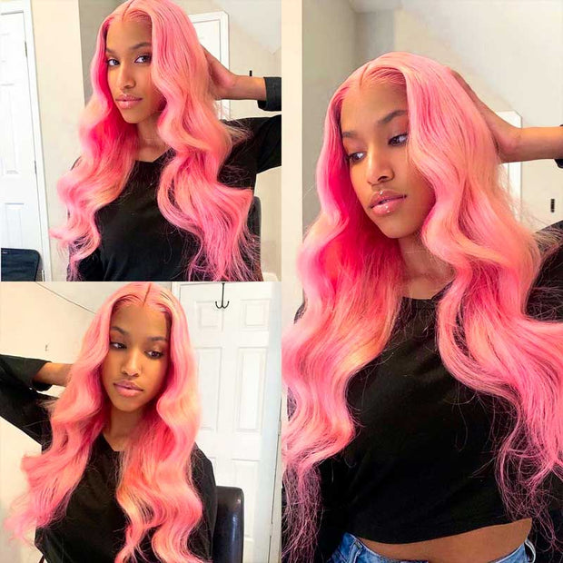 Pink Wig Body Wavy Lace Front Wig Ashimary Human Hair