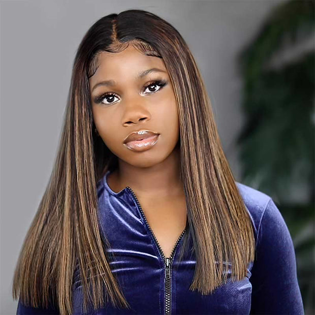 Highlight Mixed Blunt Cut Double Drawn Bob Transparent Lace Wigs