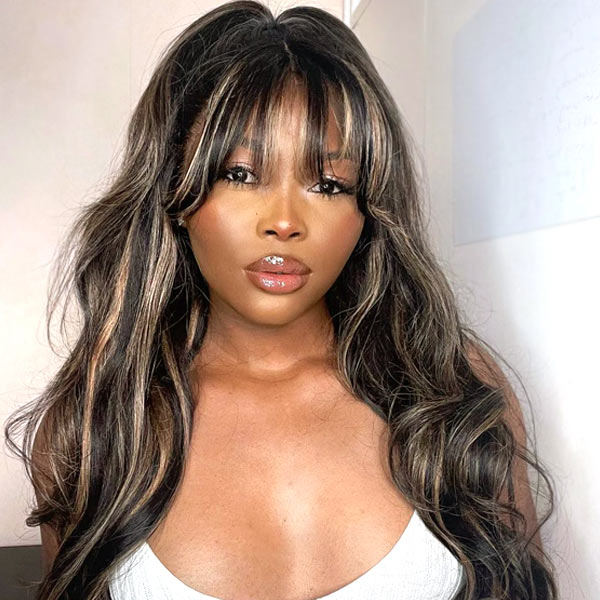 Highlights on Black Wig with Bangs Throw on & Go Body Wave Cost-effective Wig 10A Human Hair