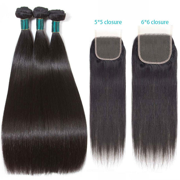 Bundles with 5*5 6*6 Closure 9A Straight Soft Brazilian Virgin Hair Natural Color