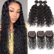 9A Water Wave Virgin Hair 3 Bundles with Closure Natural Color Brazilian Hair - ashimaryhair