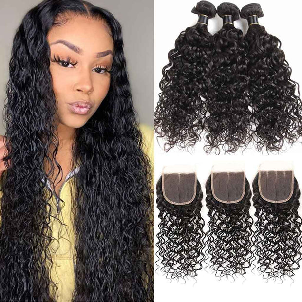 9A Water Wave Virgin Hair 3 Bundles with Closure Natural Color Brazilian Hair - ashimaryhair