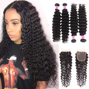 Luxurious Deep Wave 4 Bundles With Closure Natural Color - ashimaryhair