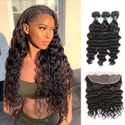 10A Loose Deep Wave Brazilian Hair Bundles With Frontal Human Hair - ashimaryhair