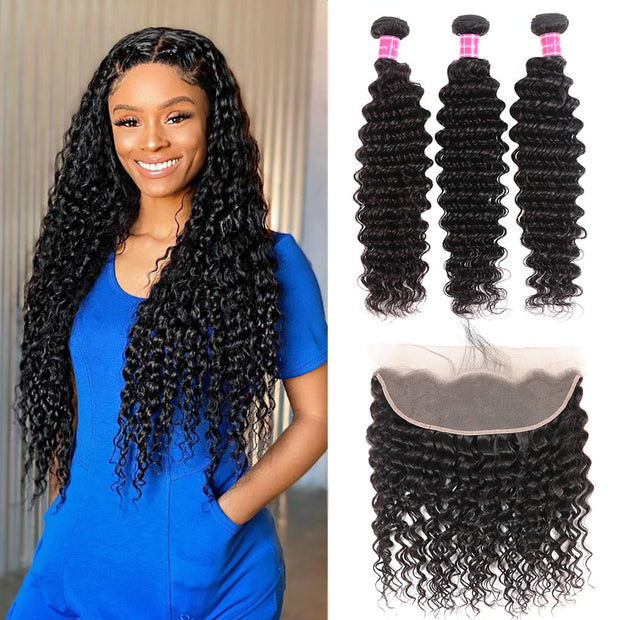 10A Deep Wave Brazilian Hair 3 Bundles With Frontal Human Hair - ashimaryhair