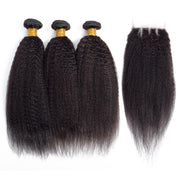 Kinky Straight Hair 3 Bundles with Closure 10A Brazilian Human Hair Natural Color - ashimaryhair