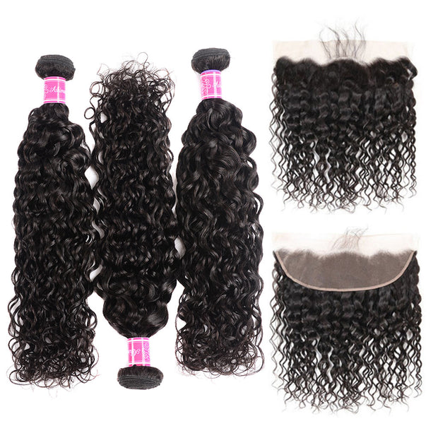 9A Grade Water Wave 3 Bundles With Frontal Indian Virgin Hair - ashimaryhair