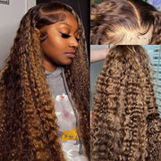 Glueless Wear And Go Highlight Piano Color Human Hair Deep Wave 13x4 Transparent Lace Front Wig