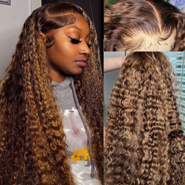 Glueless Wear And Go Highlight Piano Color Human Hair Deep Wave 13x4 Transparent Lace Front Wig