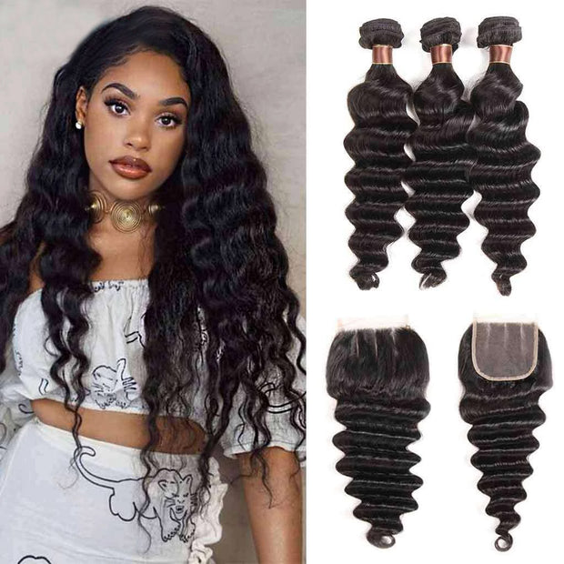 9A Loose Deep Wave Virgin Hair 3 Bundles with Closure Natural Color Brazilian Hair - ashimaryhair