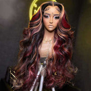 headmodelwithburgundyhairwithblondehighlightslacewigs