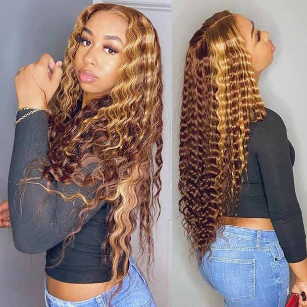 Highlight Brown Curly Lace Front Wigs Human Hair Deep Wave -AshimaryHair.com