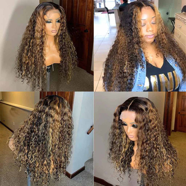 Highlight Brown Curly Lace Front Wigs Human Hair Deep Wave -AshimaryHair.com