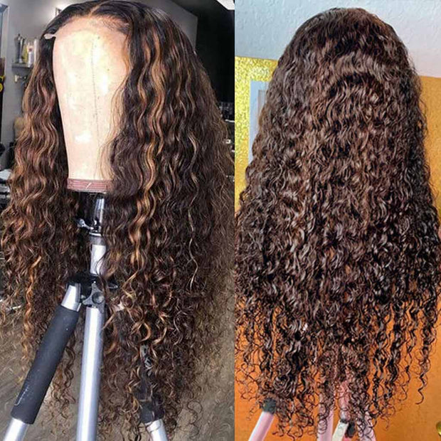 Highlight Brown Curly Lace Front Wigs Human Hair Deep Wave -AshimaryHair.com