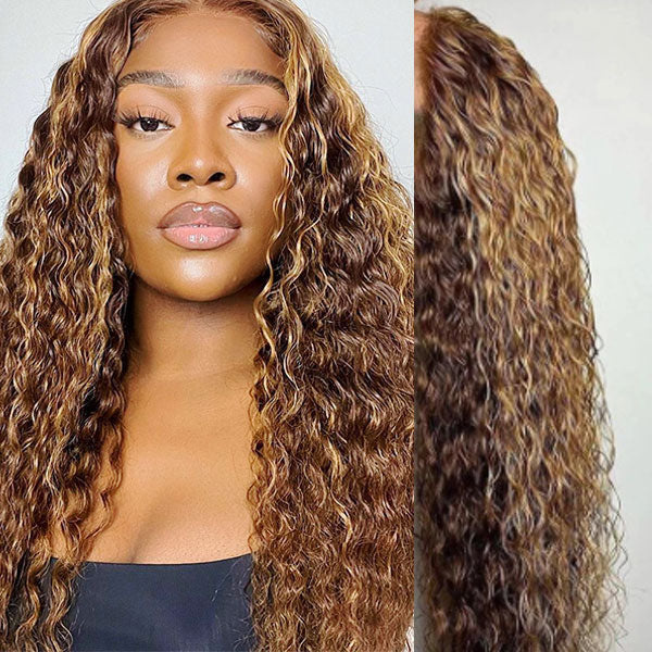 Ashimary Glueless Wear And Go Highlight Piano Color Human Hair Deep Wave 13x4 Transparent Lace Front Wig Beginner Friendly