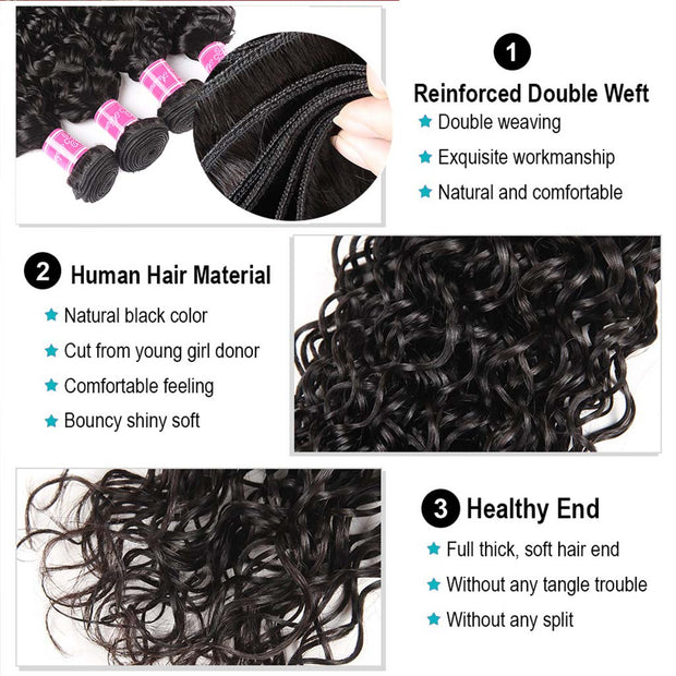 9A Grade Water Wave 3 Bundles With Frontal Brazilian Virgin Hair - ashimaryhair