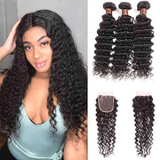 9A Deep Wave Virgin Hair 3 Bundles with Closure Natural Color Brazilian Hair - ashimaryhair