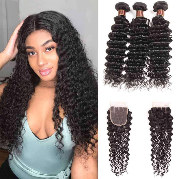 9A Deep Wave Virgin Hair 3 Bundles with Closure Natural Color Brazilian Hair - ashimaryhair