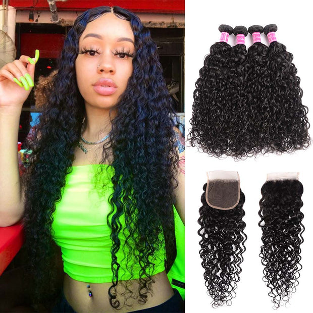 10A Water Wave Hair 4 Bundles With Closure Brazilian Hair Natural Color - ashimaryhair