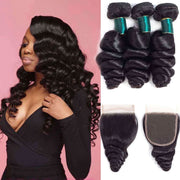 Loose Wave 10A Brazilian Human Hair Bundles with Closure Natural Color - ashimaryhair