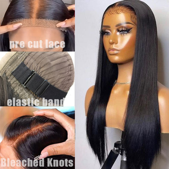 Ready to Wear Straight Out of the Box Glueless HD Transparent Lace Closure Wig with Pre Cut Lace & Bleached Knots