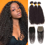 9A Kinky Curly 3 Bundles with Lace Closure Natural Color Brazilian Virgin Hair - ashimaryhair