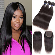 9A Straight Soft Brazilian Virgin Hair 3 Bundles with Closure Natural Color - ashimaryhair
