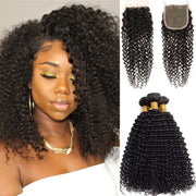 Afro Kinky Curly Hair 3 Bundles with Closure 10A Brazilian Human Hair Natural Color - ashimaryhair