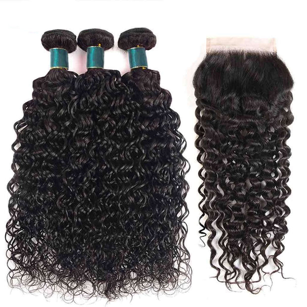 9A Water Wave Virgin Hair 3 Bundles with Closure Natural Color Malaysian Hair - ashimaryhair